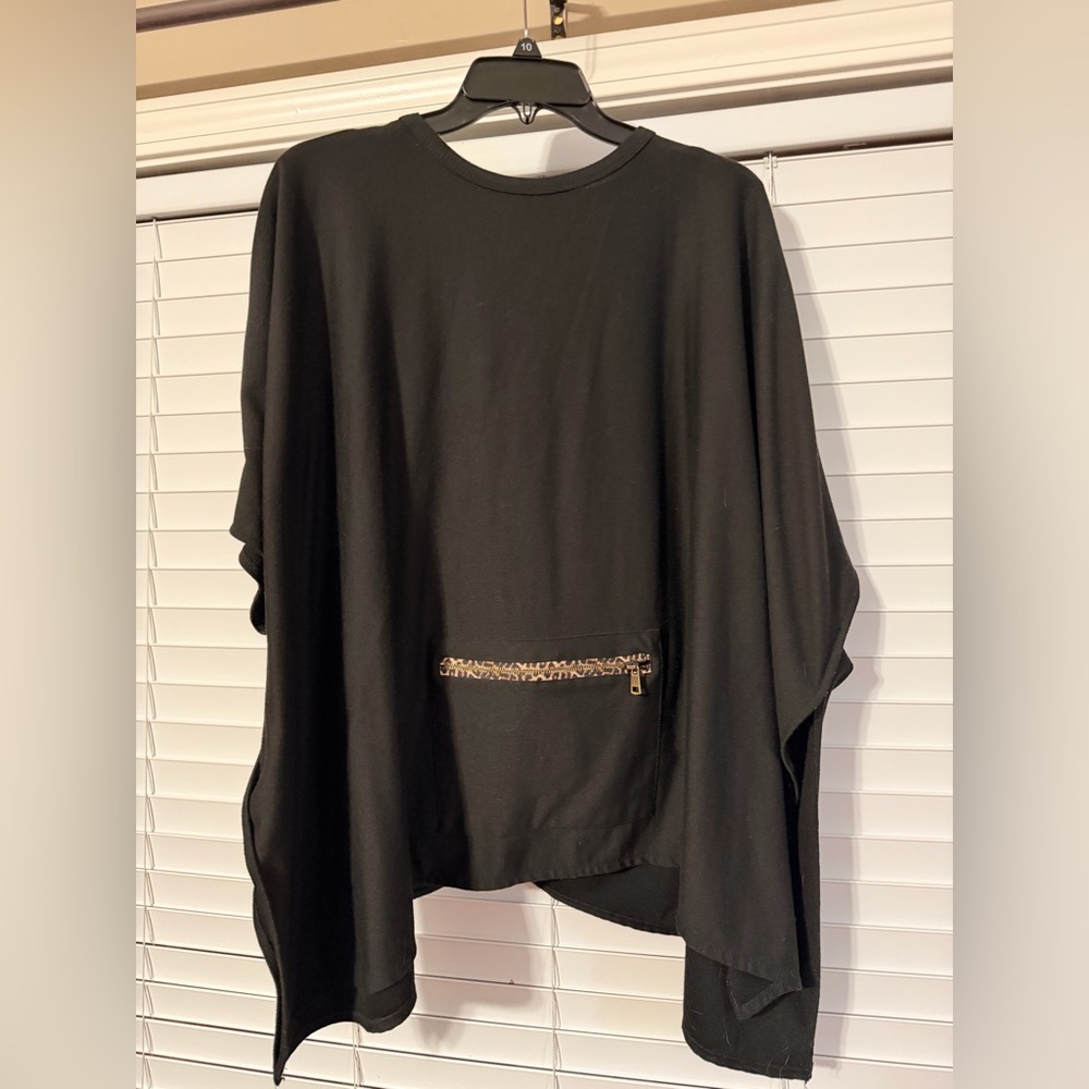 Black Poncho with Leopard Pocket